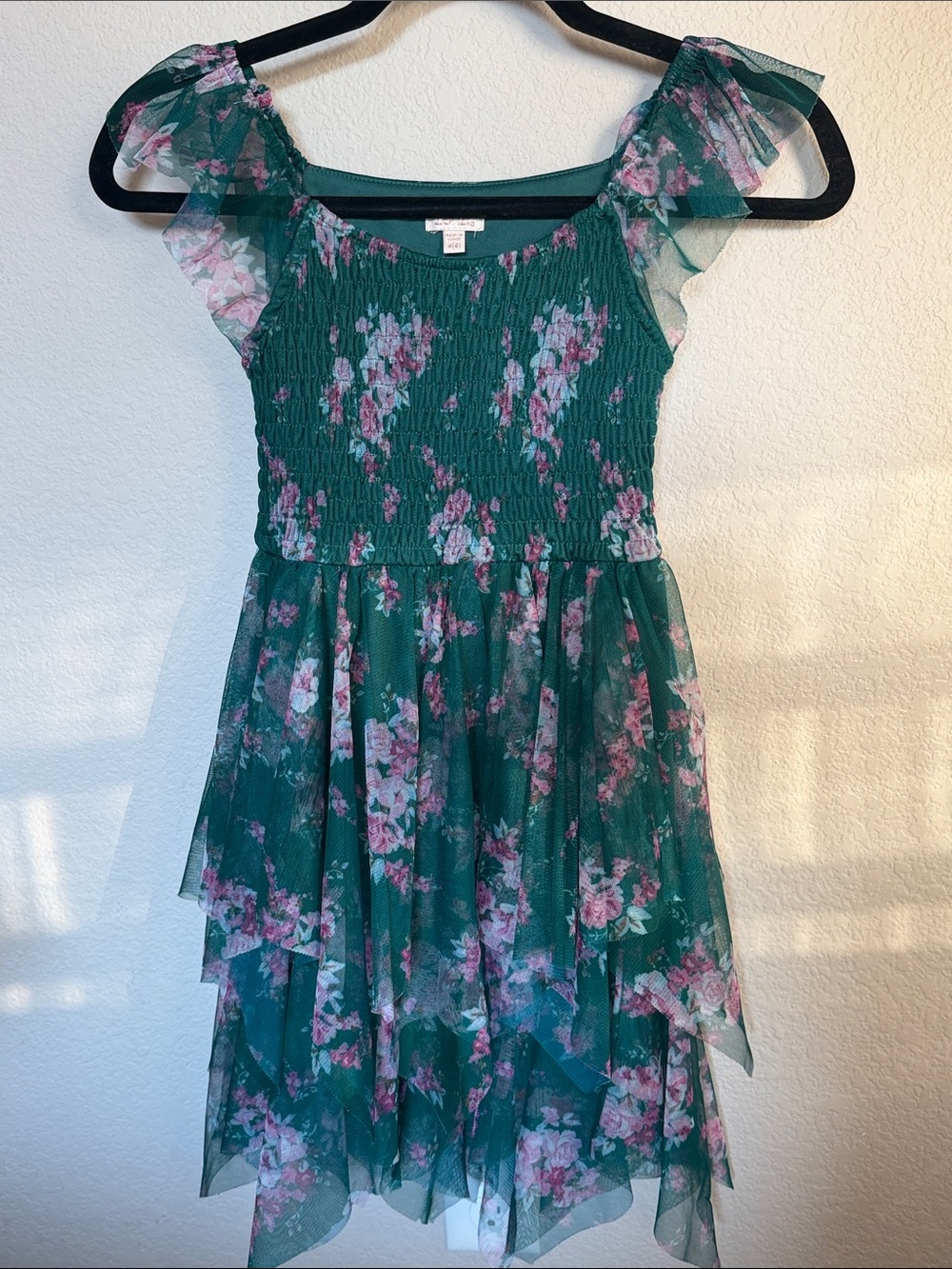 Zhenzi Green Floral Ruffle Dress with Pink Accents